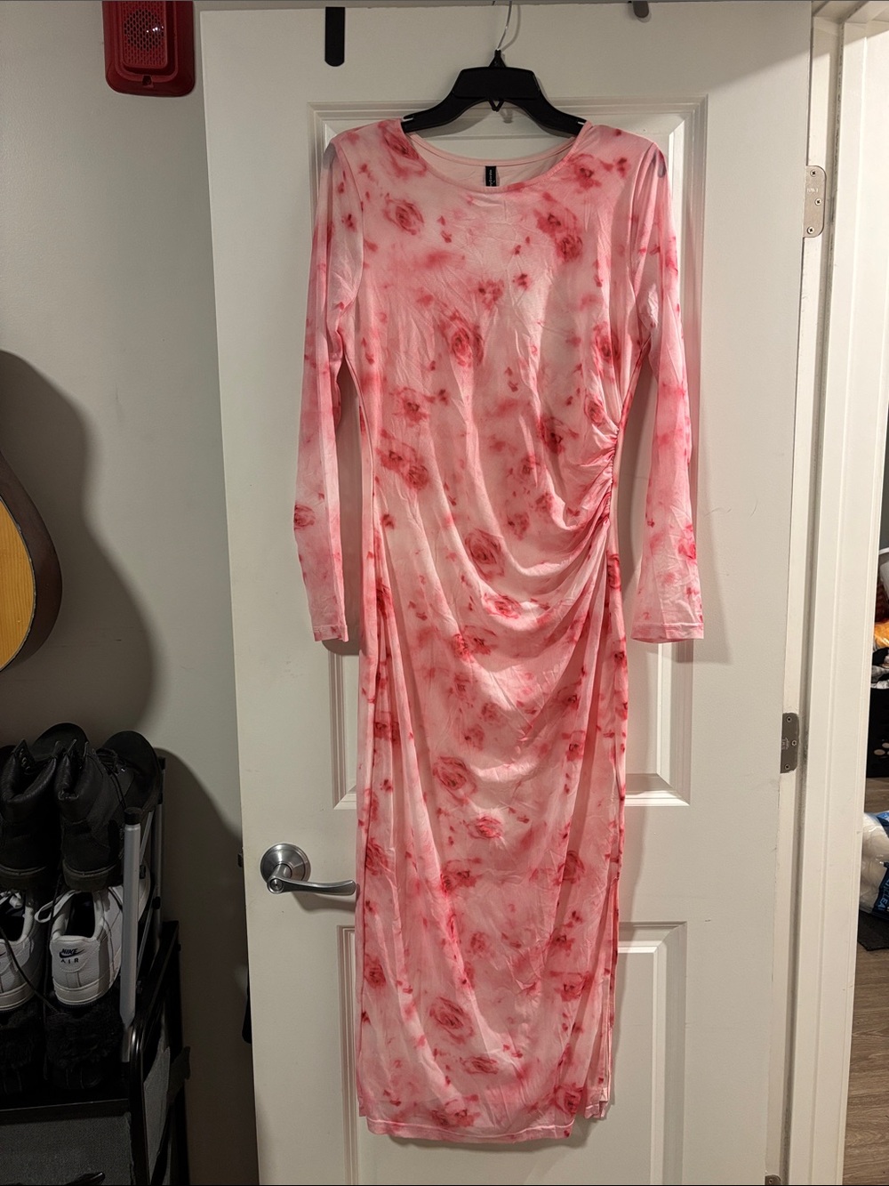 Long-Sleeve Pink Floral Ruched Maxi Dress